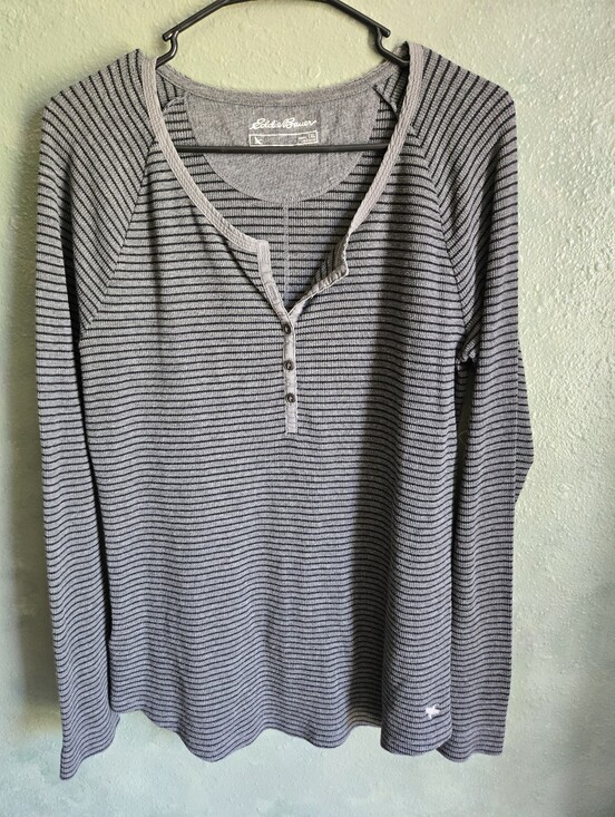 Eddie Bauer Tops - Eddie Bauer - Long Sleeve - Waffle Knit Henley - Striped Grey - Women's Size TXL